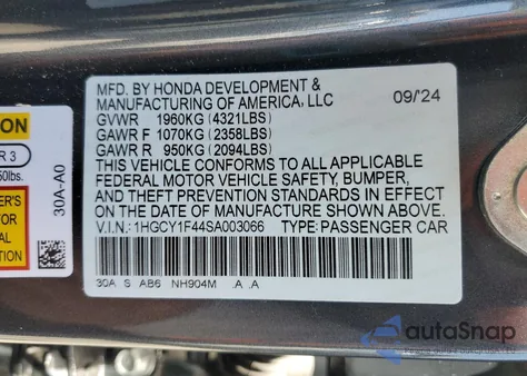 2025 Honda Accord Se from USA, damaged, VIN 1HGCY1F44SA003066